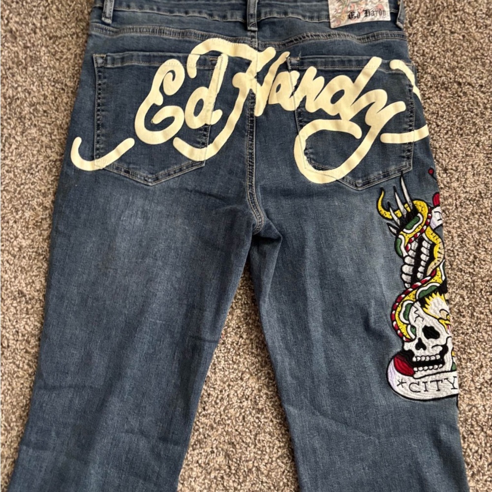 Ed Hardy Blue Straight Jeans with Signature Skull Design